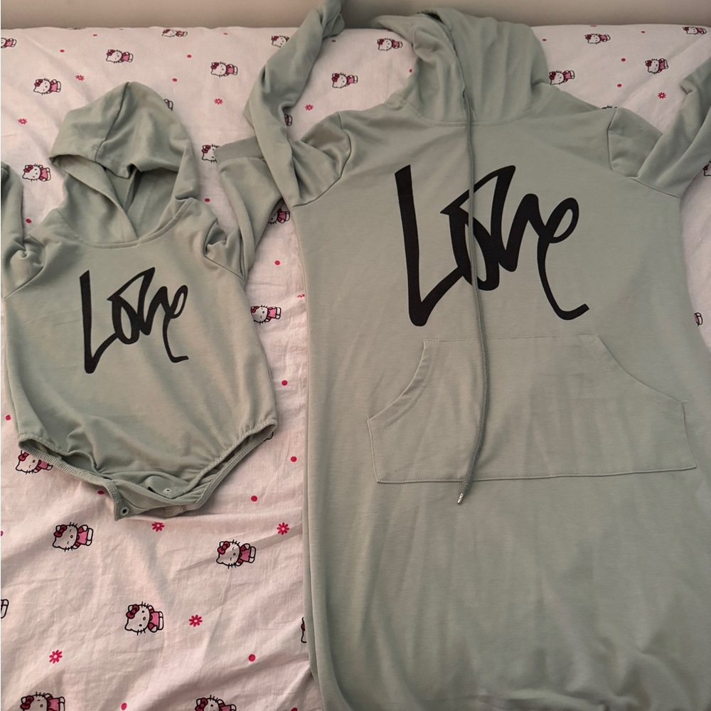 Mother/ baby matching Sage Hoodie with Black Love Print